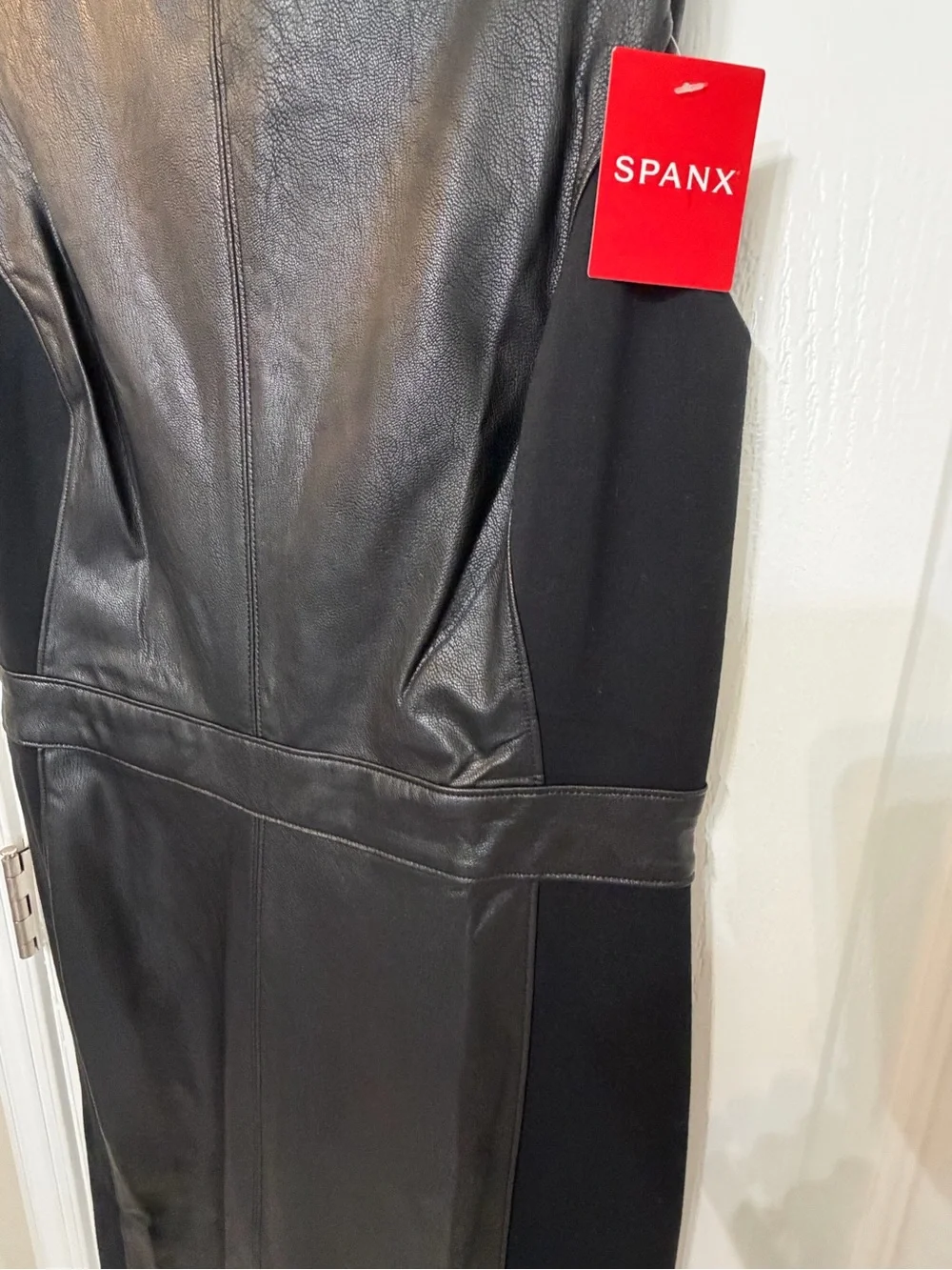 SPANX Black Faux Leather Paneled Sheath Dress